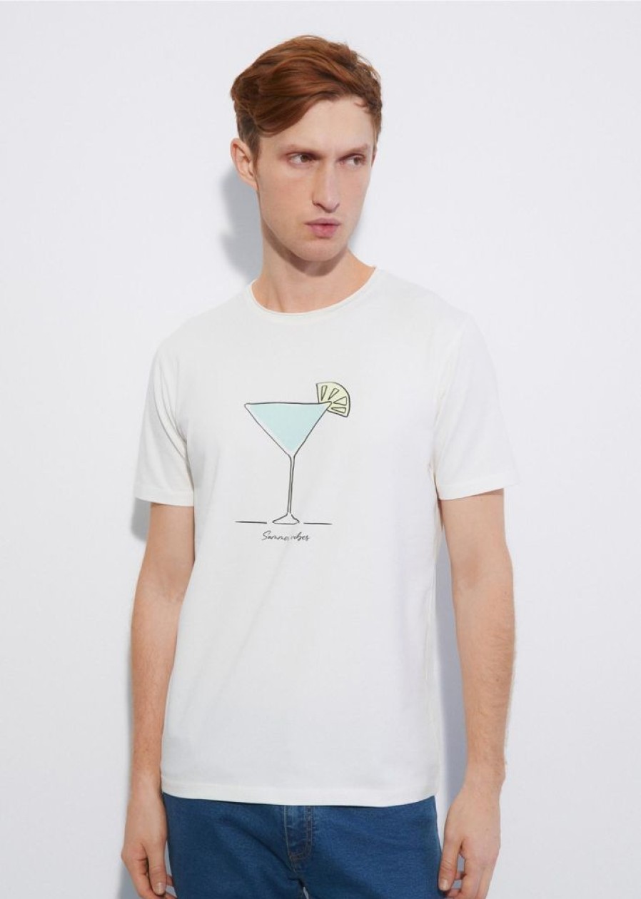 On OCHNIK T-Shirty | Kremowy T-Shirt Meski Z Printem