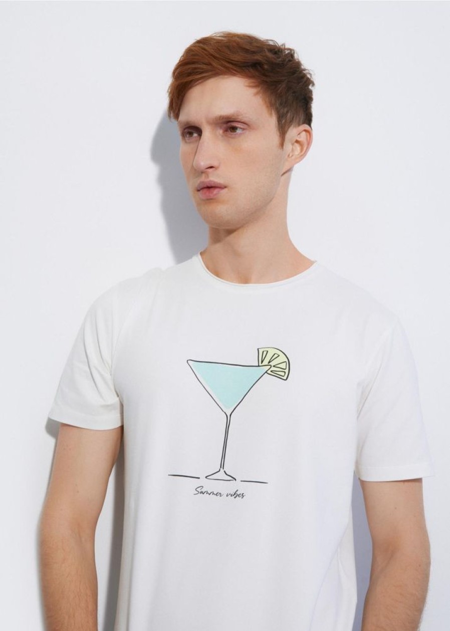 On OCHNIK T-Shirty | Kremowy T-Shirt Meski Z Printem